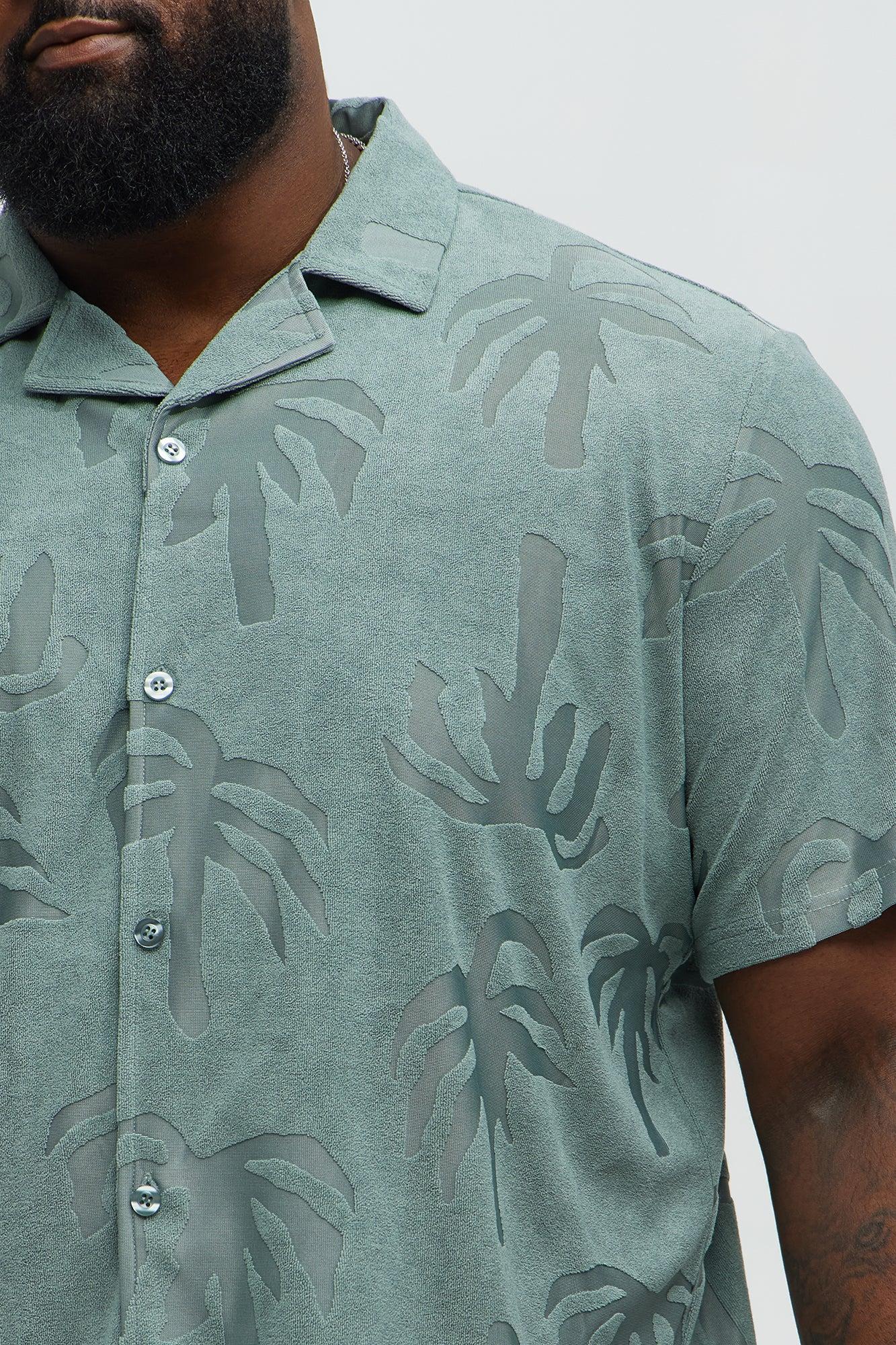 Tropical Trees Jacquard Cuban Button Down Shirts  - Sage Product Image