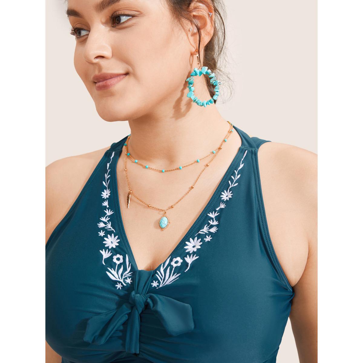 Plus Size Floral Embroidered Knot Ruched Swim Top Women's Swimwear Cyan Beach Non High stretch Skinny V-neck Curve Swim Tops BloomChic 12/L Product Image