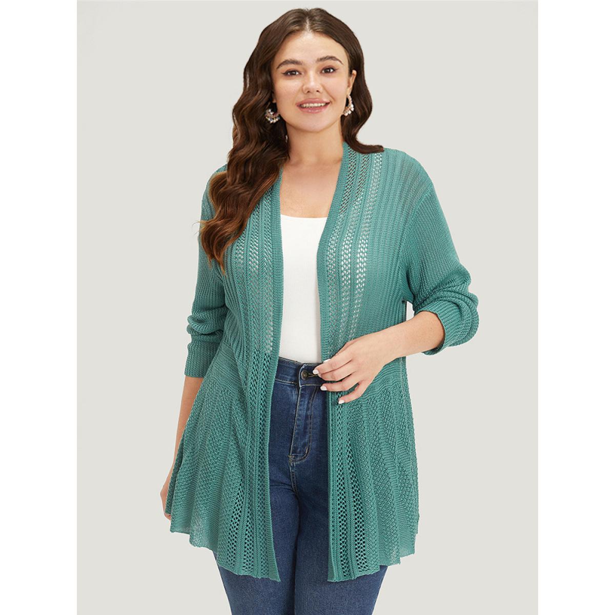 Plus Size Plain Hollow Out Drop Shoulder Open Front Cardigan Emerald Women Casual Loose Long Sleeve Everyday Cardigans BloomChic 22-24/3X Product Image