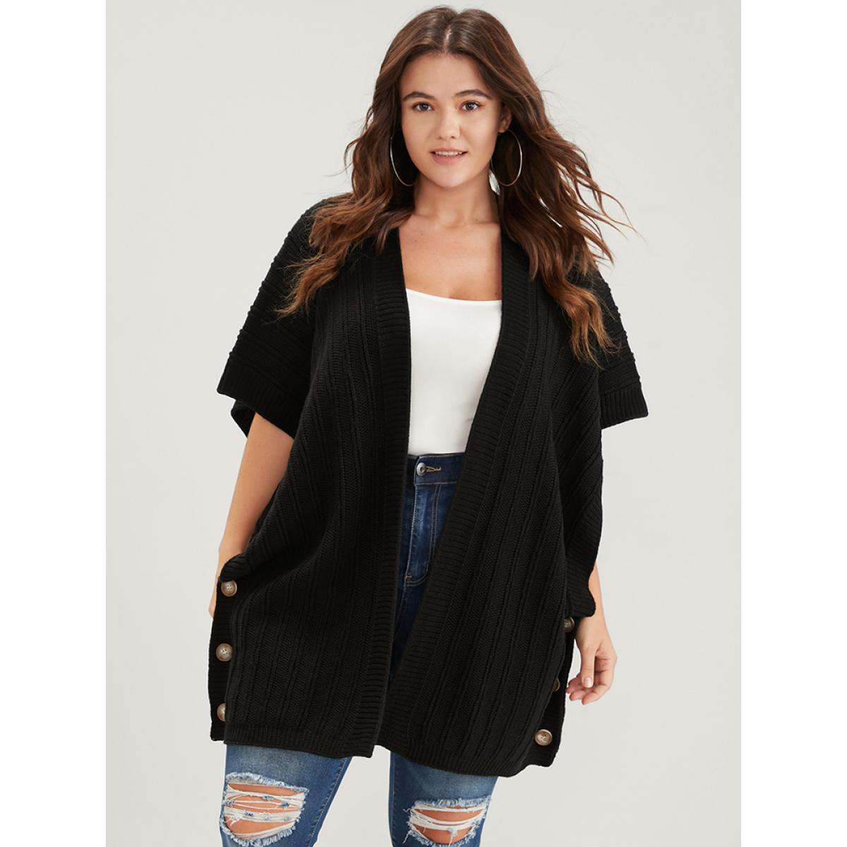 Plus Size Solid Pointelle Knit Button Hem Dolman Sleeve Open Front Cardigan Black Women Elegant Oversized Sleeveless Dailywear Cardigans BloomChic 12/L Product Image