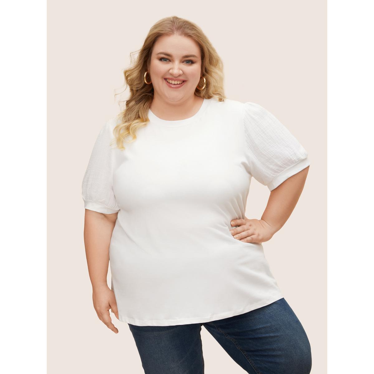 Plus Size Plain Textured Patchwork Lantern Sleeve T-Shirt WhiteSmoke Women Leisure Texture Round Neck Casual T-shirts BloomChic 14-16/1X Product Image