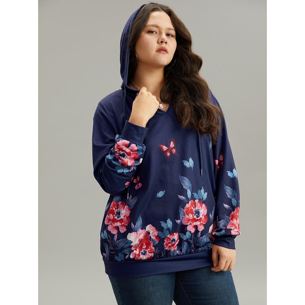 Plus Size Floral & Butterfly Print Hooded Drawstring Sweatshirt Women Multicolor Casual Printed Hooded Dailywear Sweatshirts BloomChic 12/L Product Image