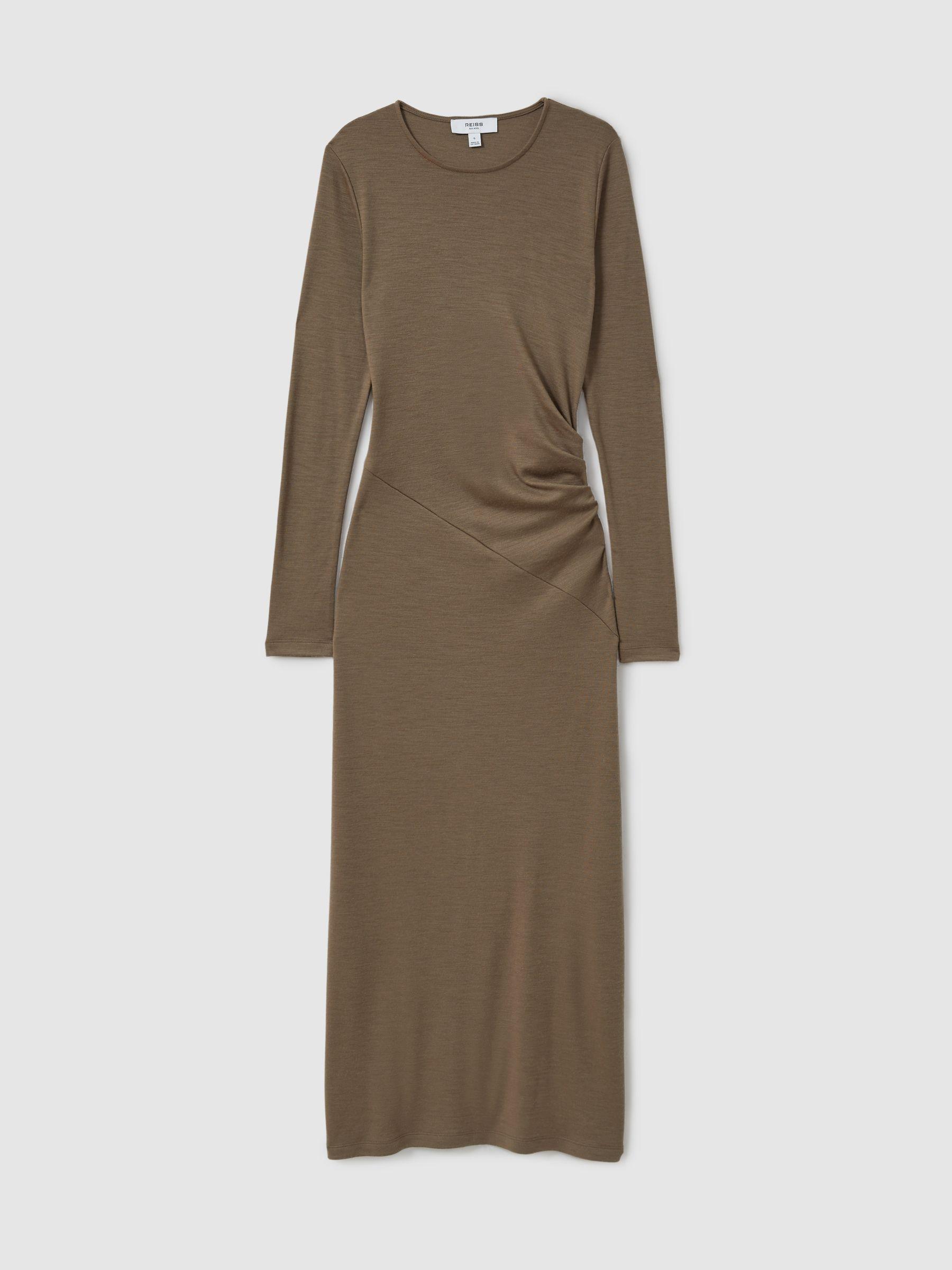 Wool Ruche Detail Midi Dress in Camel Product Image