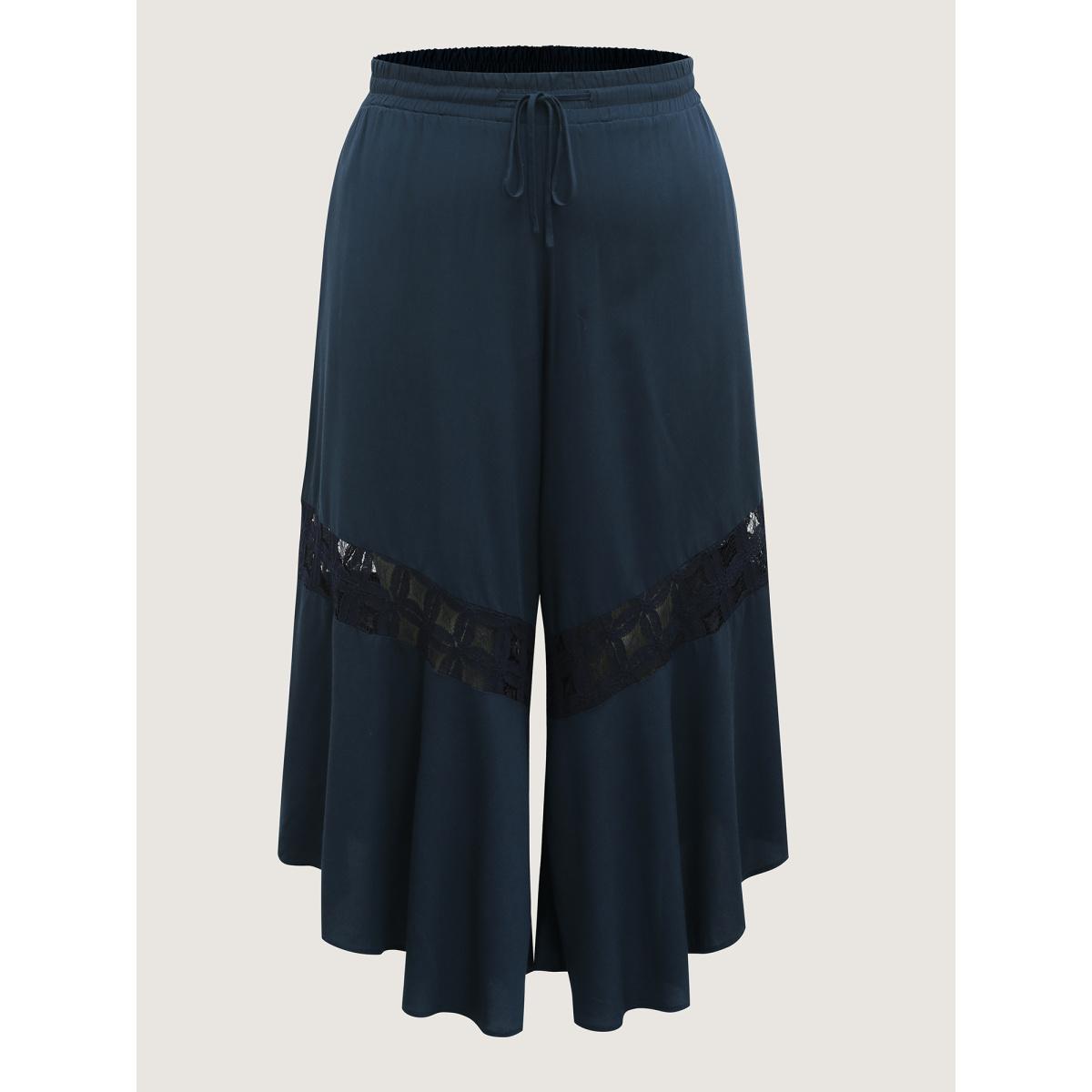 Plus Size Sheer Lace Trim Flared Drawstring Pants Women Indigo Casual Wide Leg Mid Rise Casual Pants BloomChic 28/5X Product Image