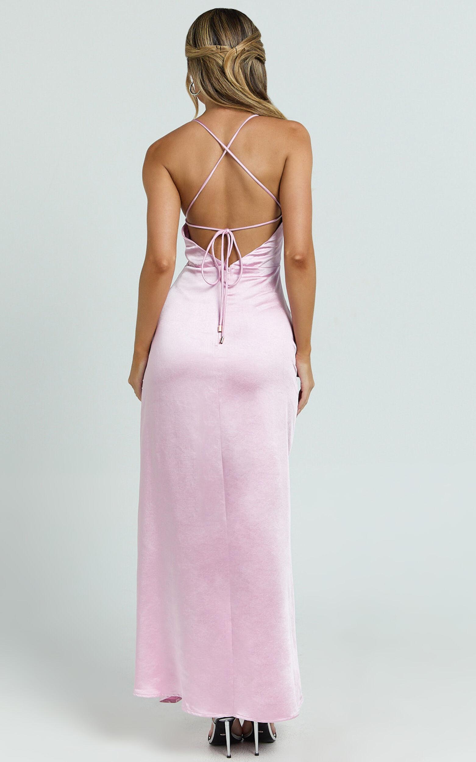 Heidi Maxi Dress - Satin Ruched Bust Tie Back Dress in Pink Product Image