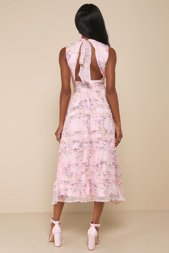 Happily Sweet Light Pink Floral Mock Neck Backless Midi Dress Product Image