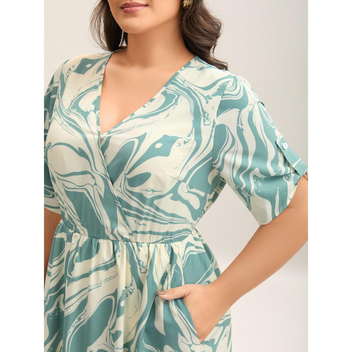 Plus Size Abstract Print Gathered Sleeve Midi Dress Mint Women Overlap Collar Short sleeve Curvy BloomChic 26/4X Product Image