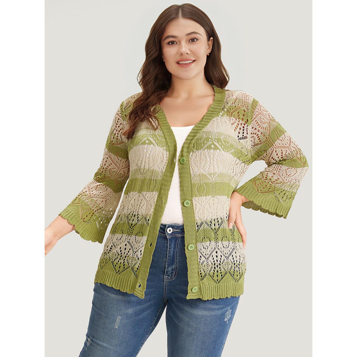 Plus Size Striped Contrast Button Front Cardigan LightGreen Women Casual Loose Long Sleeve Everyday Cardigans BloomChic 22-24/3X Product Image