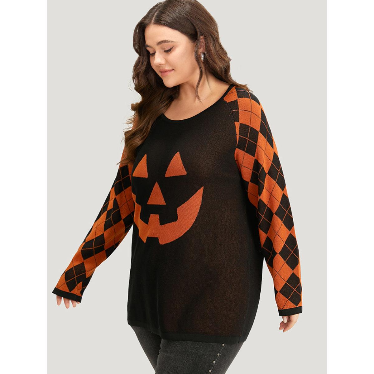 Plus Size Halloween Print Contrast Round Neck Pullover Black Women Casual Loose Long Sleeve Round Neck Festival-Halloween Pullovers BloomChic 10/M Product Image