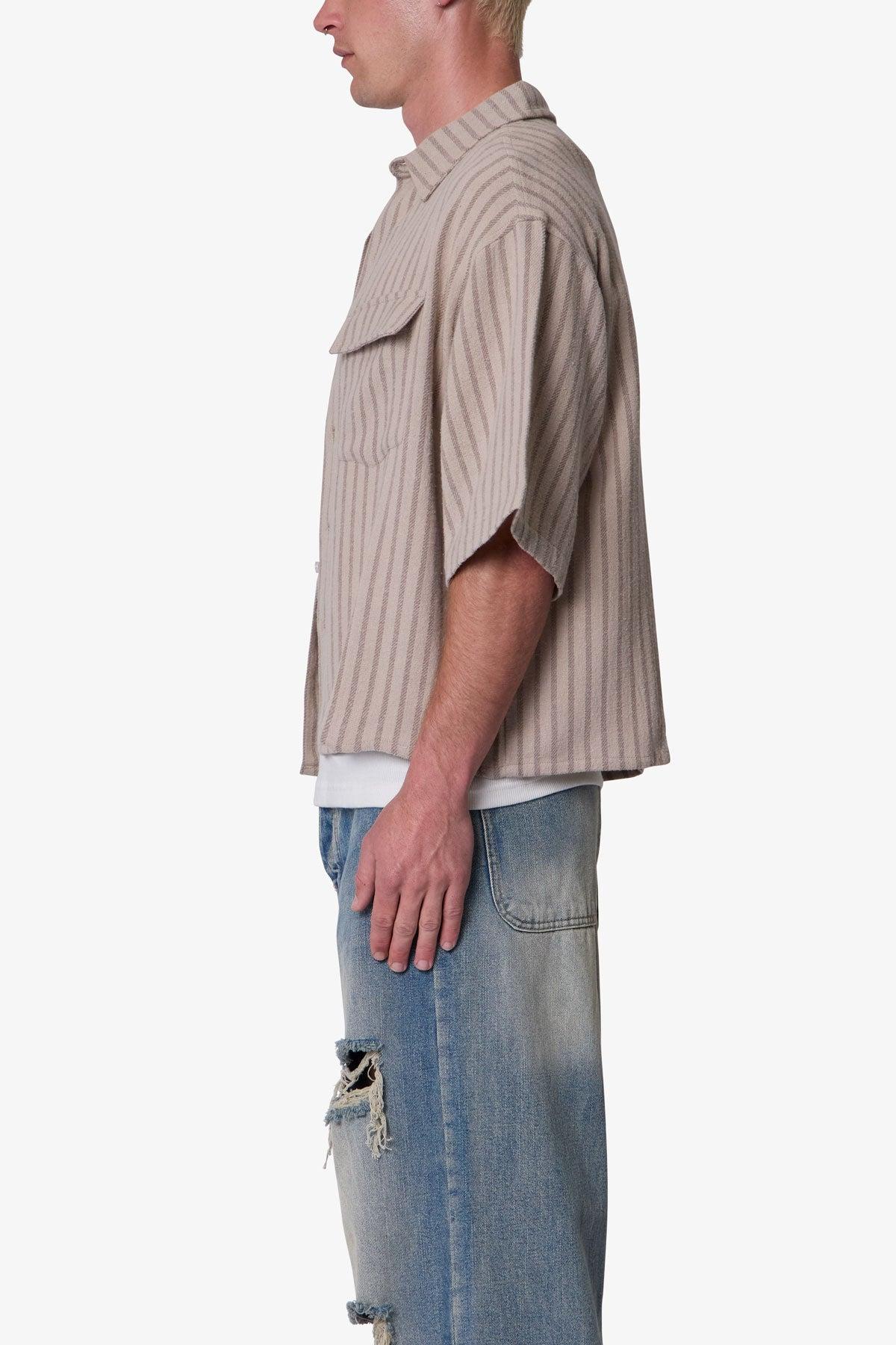Cropped Boxy Striped S/S Shirt - Khaki Product Image