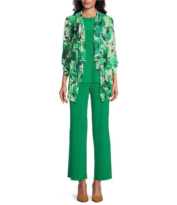 Investments Soft Separates Abstract Floral Mesh Open Drape Front Long Roll-Tab Sleeve Cardigan Product Image