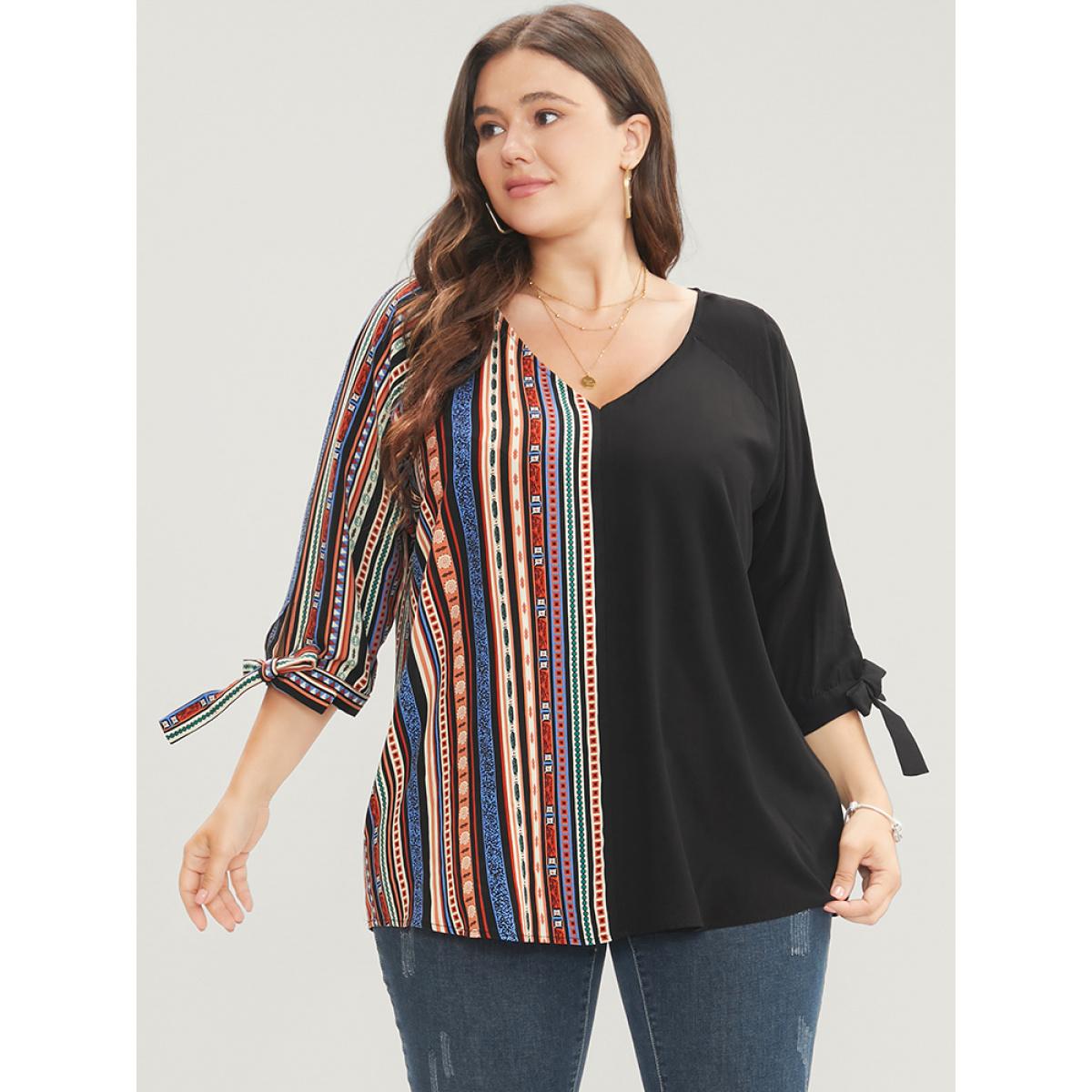 Plus Size Black Striped Geometric Patchwork Knotted Sleeve Blouse Women Vacation Elbow-length sleeve V-neck Dailywear Blouses BloomChic 12/L Product Image