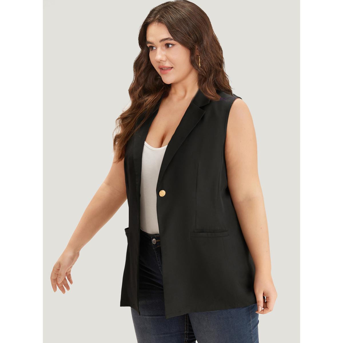 Plus Size Plain Buckle Detail Lapel Collar Pocket Sleeveless Blazer Black Women Work Plain Plain Sleeveless Sleeveless Lapel Collar 10/M Pocket Workwear Essentials Blazers BloomChic Product Image