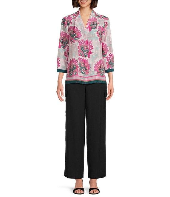 Investments Caroline Signature Linear Floral Border Print 3/4 Sleeve Button Front Top Product Image