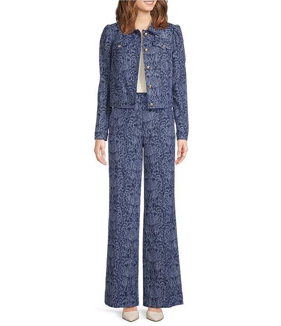 KARL LAGERFELD PARIS Coordinating Denim Damask Point Collar Long Sleeve Cropped Jacket Product Image