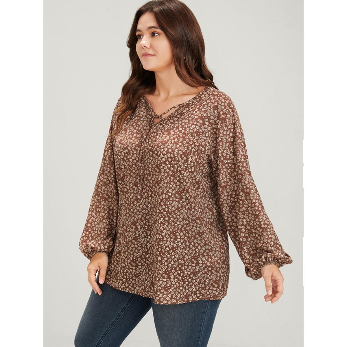 Plus Size Tan Ditsy Floral Lantern Sleeve Ties V Neck Blouse Women Elegant Long Sleeve V-neck Dailywear Blouses BloomChic 26/4X Product Image