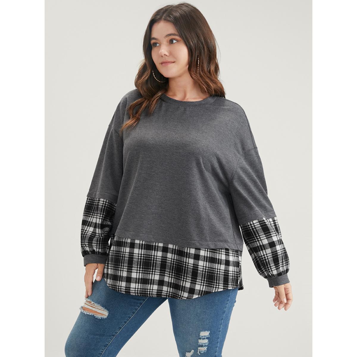 Plus Size Plaid Patchwork Round Neck Arc Hem Sweatshirt Women DimGray Casual Contrast Round Neck Dailywear Sweatshirts BloomChic 18-20/2X Product Image