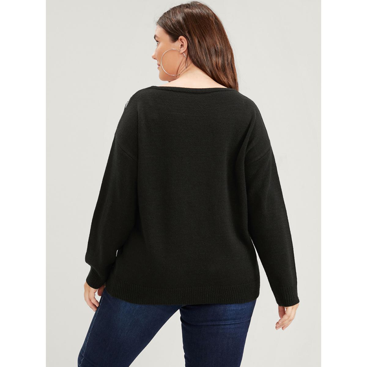 Plus Size Star Embroidered Pointelle Knit V Neck Knit Top Black Women Casual Long Sleeve V-neck Dailywear Pullovers BloomChic 18-20/2X Product Image