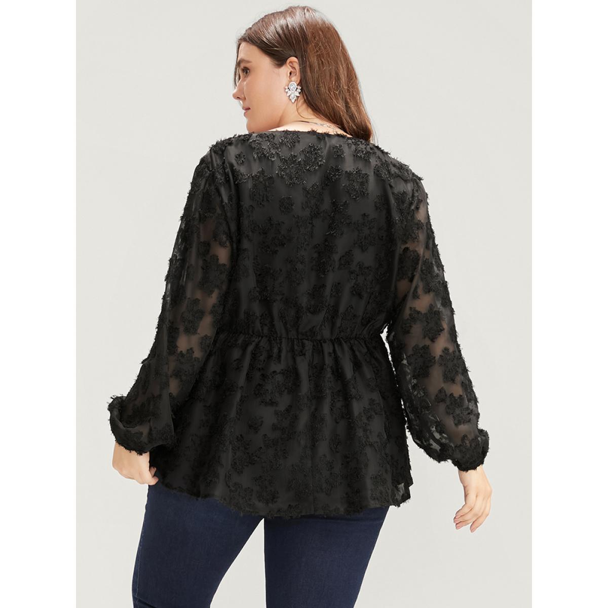 Plus Size Black Floral Mesh Lantern Sleeve Surplice Neck Fuzzy Blouse Women Glamour Long Sleeve V-neck Going out Blouses BloomChic 22-24/3X Product Image