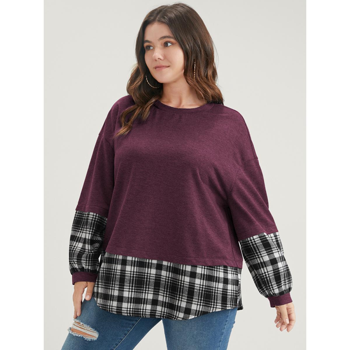 Plus Size Plaid Patchwork Round Neck Arc Hem Sweatshirt Women Burgundy Casual Contrast Round Neck Dailywear Sweatshirts BloomChic 10/M Product Image