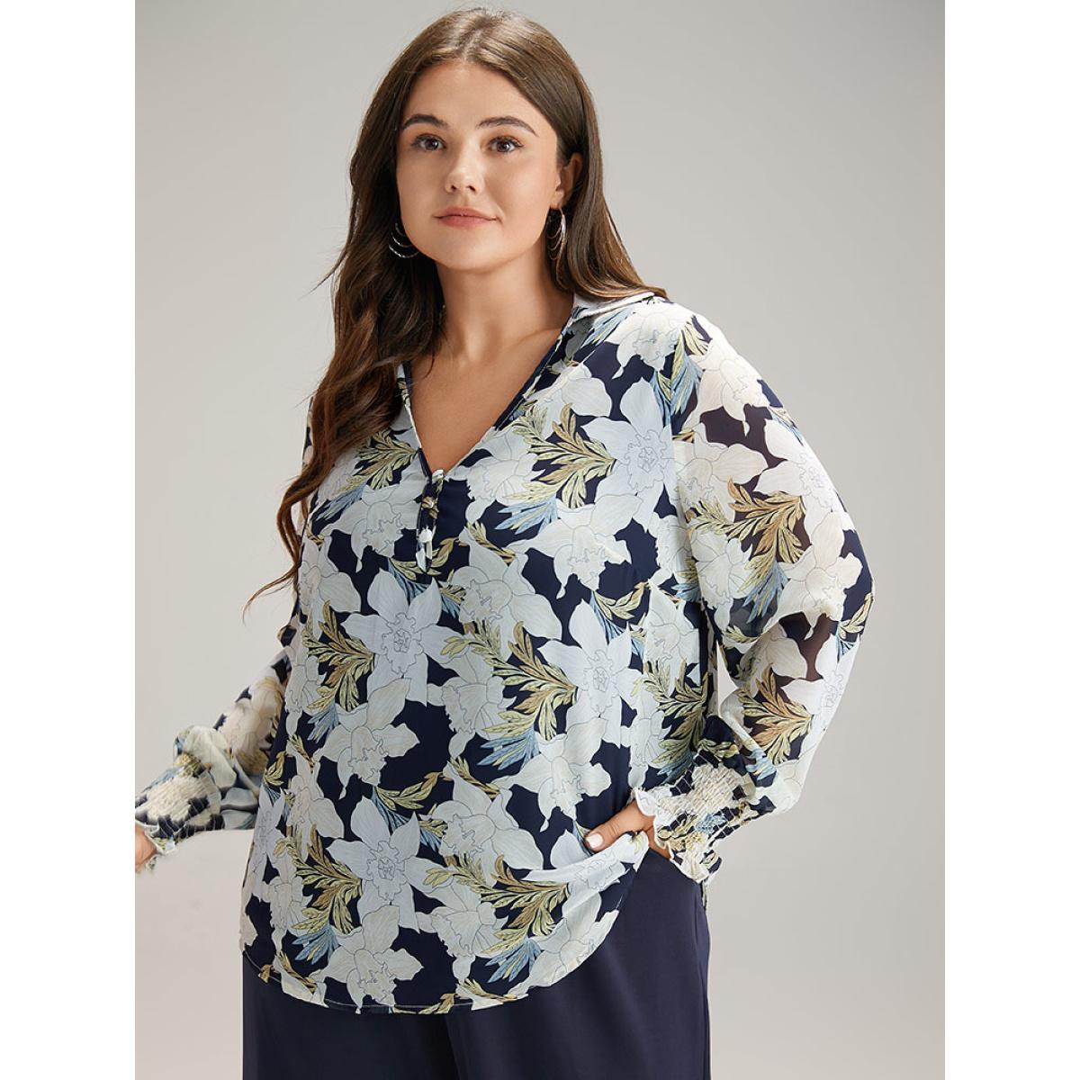 Plus Size DarkBlue Chiffon Silhouette Floral Print Shirred Frill Trim Blouse Women Elegant Long Sleeve V-neck Dailywear Blouses BloomChic 18-20/2X Product Image