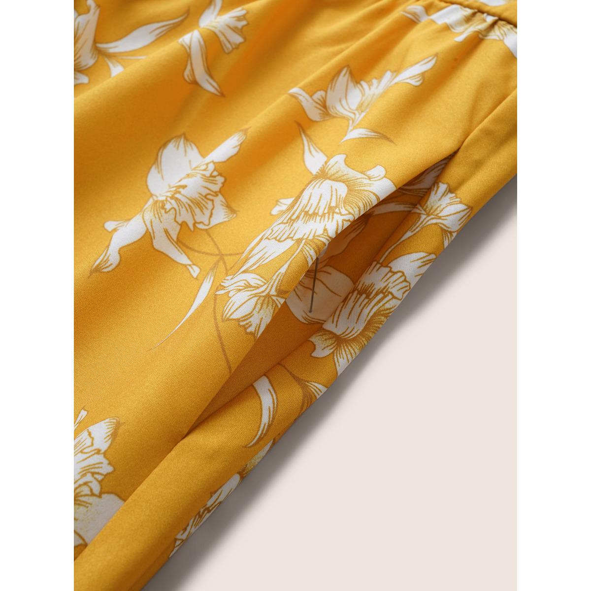 Plus Size Floral Print Knot Neck Patchwork Ruffle Sleeve Dress Yellow Women Elegant Non V-neck Short sleeve Curvy Midi Dress BloomChic 18-20/2X Product Image