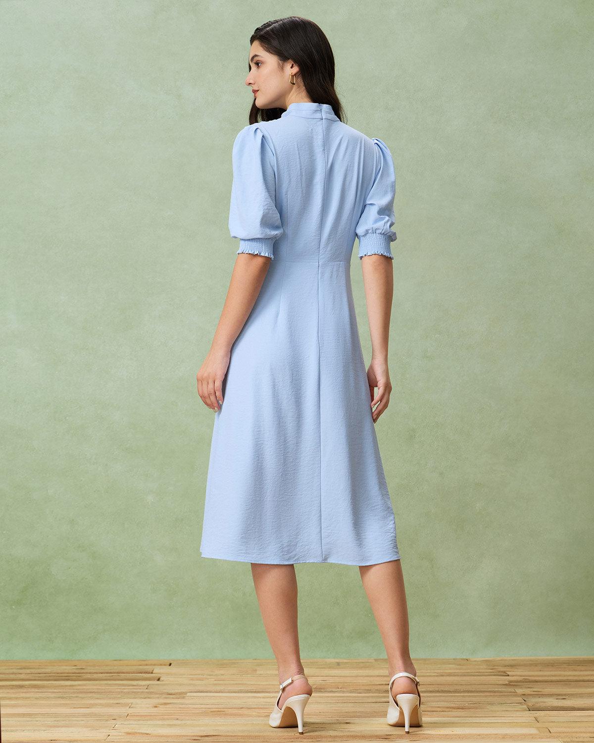 Blue Puffed Sleeve Pleated Midi Dress Product Image