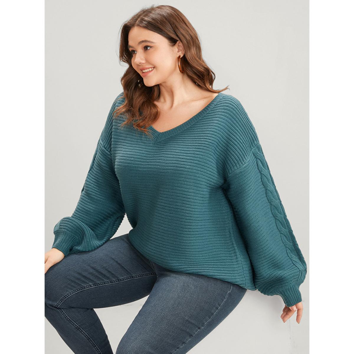 Plus Size Solid Pointelle Knit V Neck Lantern Sleeve Cable Knit Top Emerald Women Casual Loose Long Sleeve V-neck Dailywear Pullovers BloomChic 14-16/1X Product Image