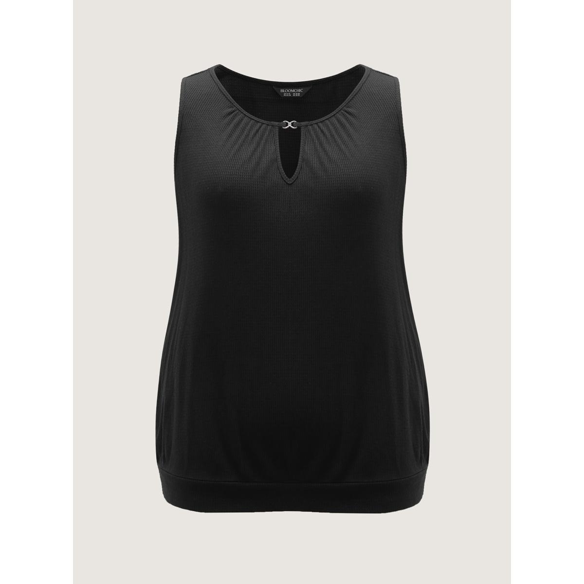 Plus Size Waffle Grid Neck Cut-Out Tank Top Women Black Leisure Texture Round Neck Casual Tank Tops Camis BloomChic 18-20/2X Product Image