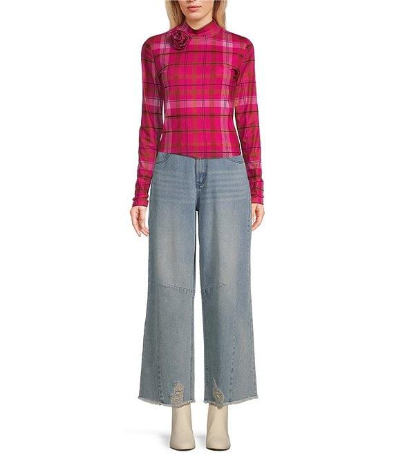 C&v Chelsea & Violet Rosette Plaid Mesh Top Product Image