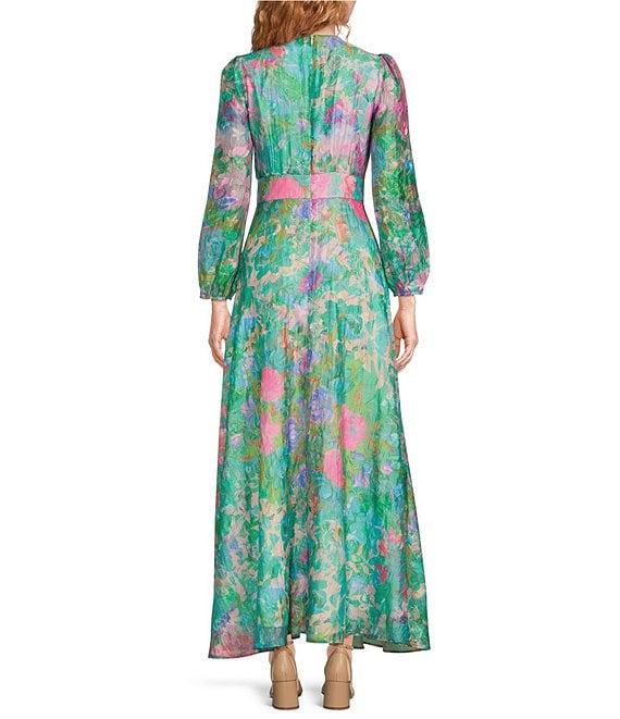 Abbey Glass Brooke Watercolor Floral Long Sheer Sleeve V-Neck Maxi Dress Product Image