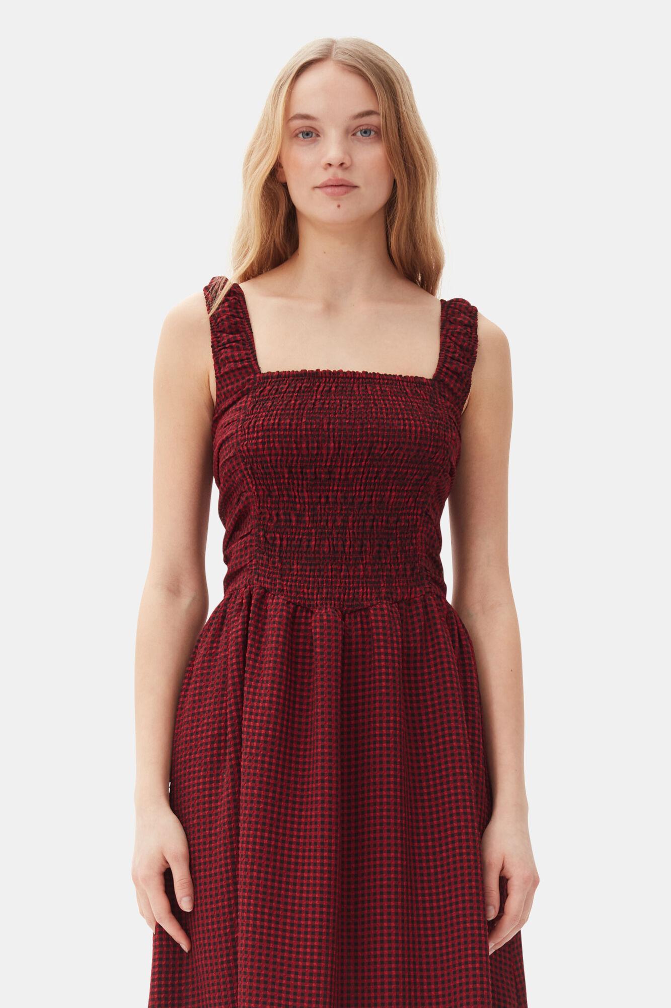 Red Sheer Midi Strap Smock Dress Product Image
