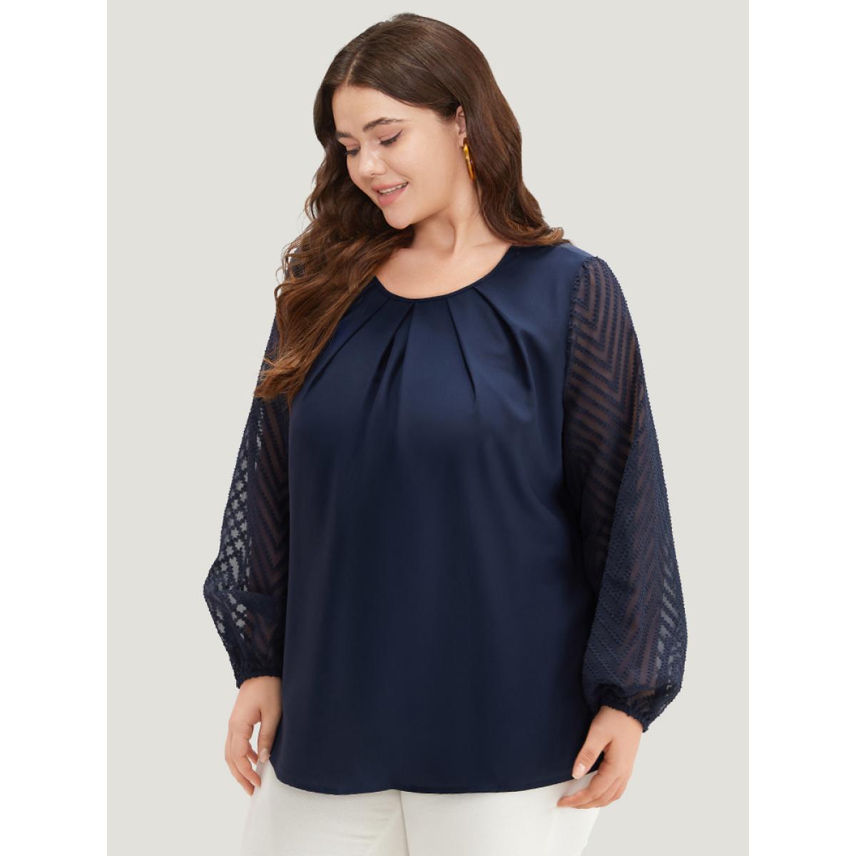 Plus Size Indigo Anti-Wrinkle Patchwork Mesh Pleated Blouse Women Office Long Sleeve Round Neck Work Blouses BloomChic 26/4X Product Image