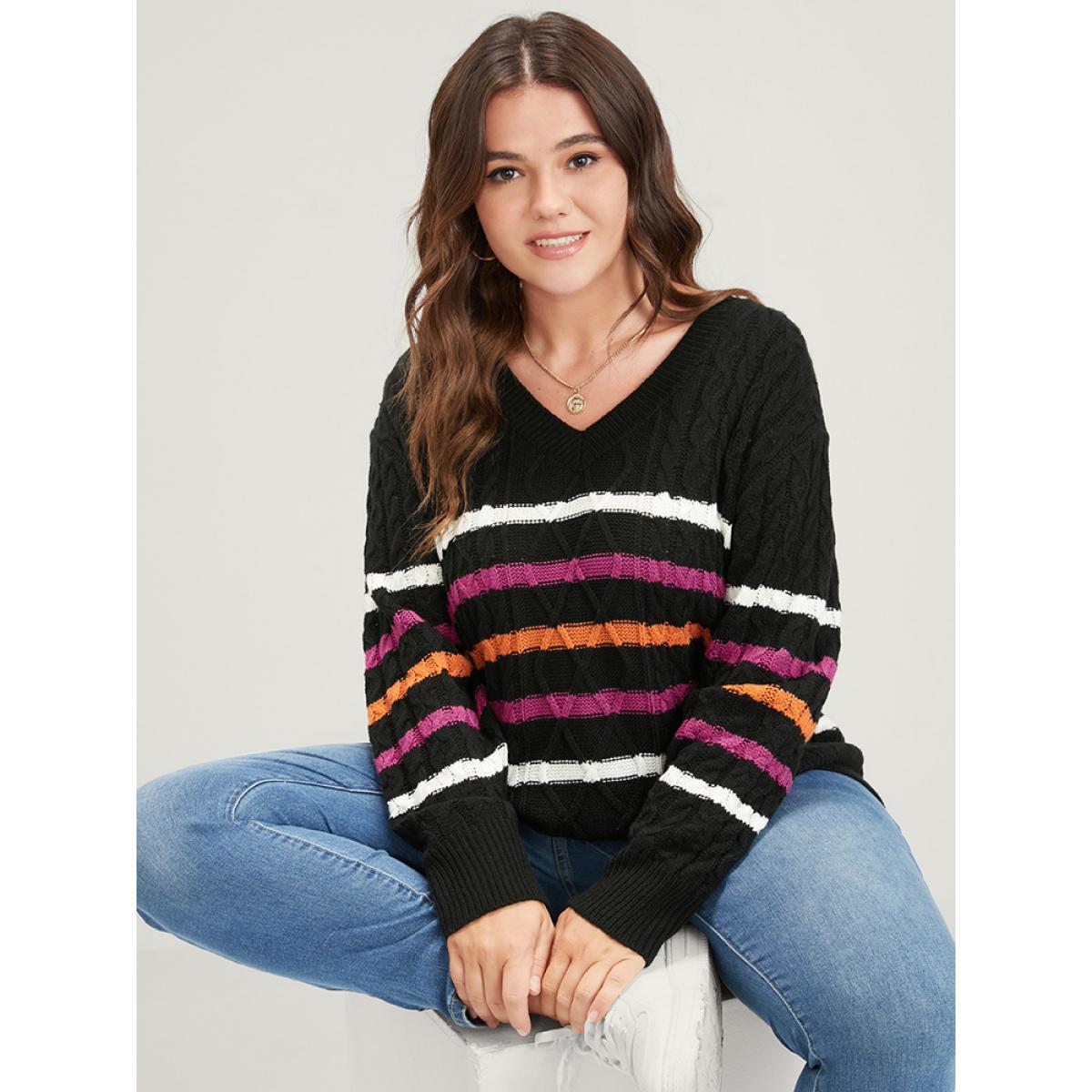 Plus Size Striped Contrast Pointelle Knit Geometric Jacquard Knit Top Black Women Casual Long Sleeve V-neck Dailywear Pullovers BloomChic 30/6X Product Image