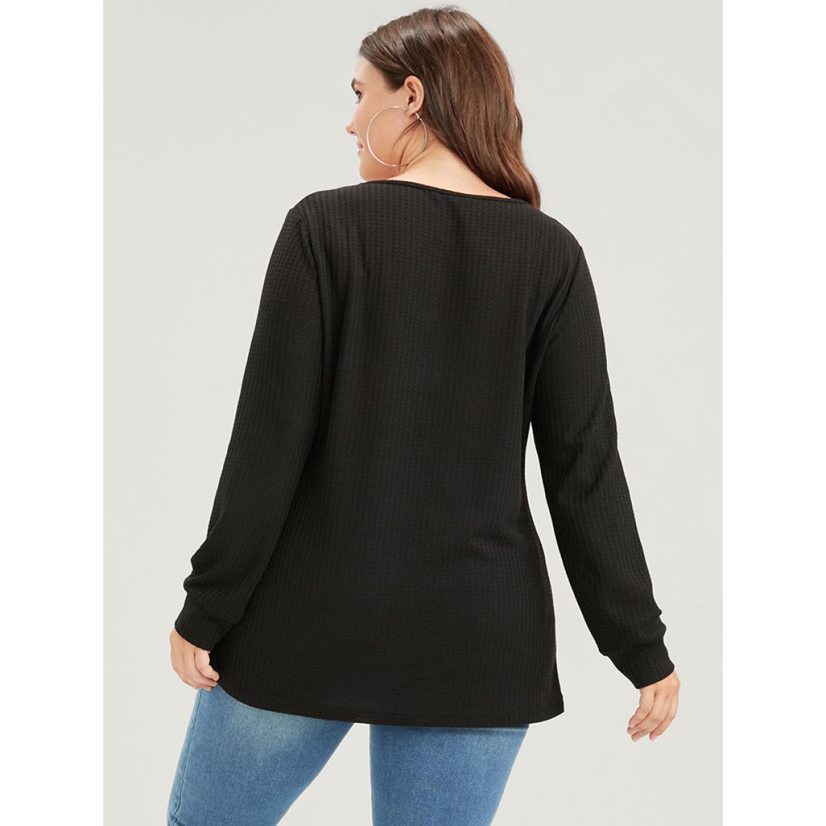 Plus Size Solid Drop Shoulder Contrast Lace Waffle Knit Sweatshirt Women Black Casual Patchwork V-neck Dailywear Sweatshirts BloomChic 26/4X Product Image