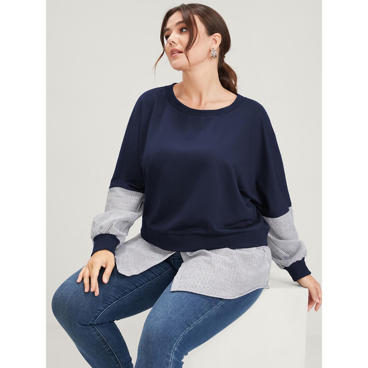 Plus Size Vertical Striped Contrast 2-In-1 Sweatshirt Women DarkBlue Casual Patchwork Round Neck Dailywear Sweatshirts BloomChic 18-20/2X Product Image