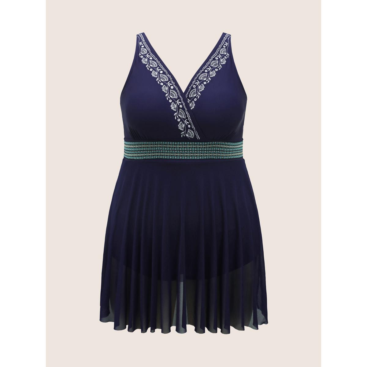 Plus Size Overlap Collar Floral Embroidered Contrast Webbing Swim Dress Women's Swimwear Indigo Beach Bodycon Overlap Collar High stretch Curve Swim Dresses BloomChic 12/L Product Image