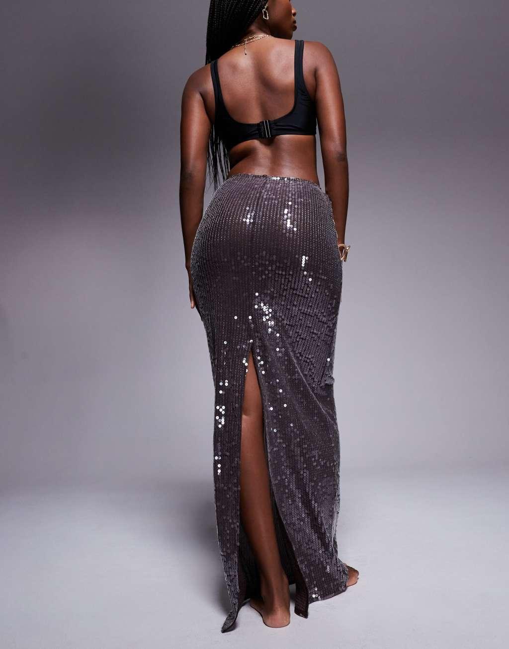 South Beach sequin maxi beach skirt in brown Product Image