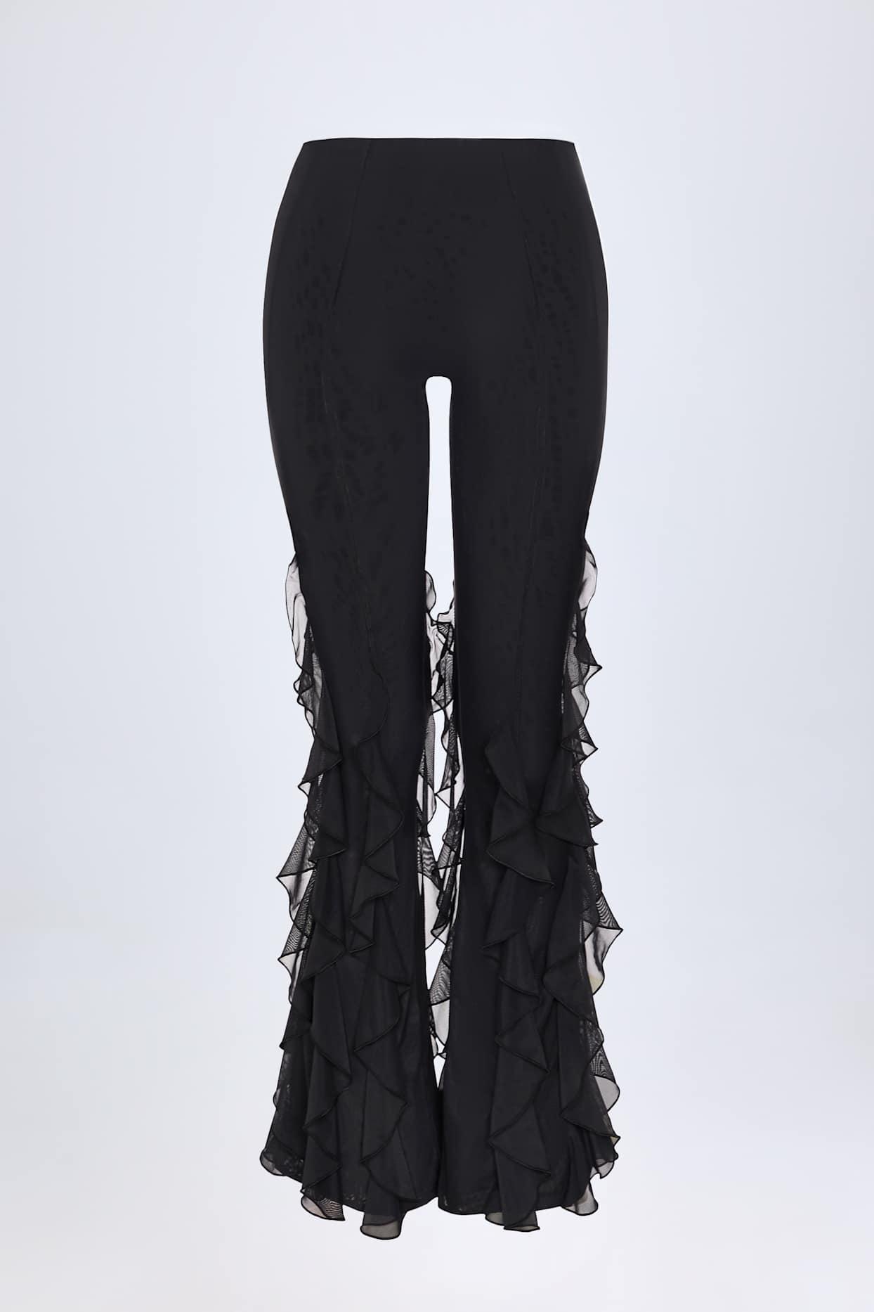 Ruffled Mid-Rise Flared Trousers in Black Product Image