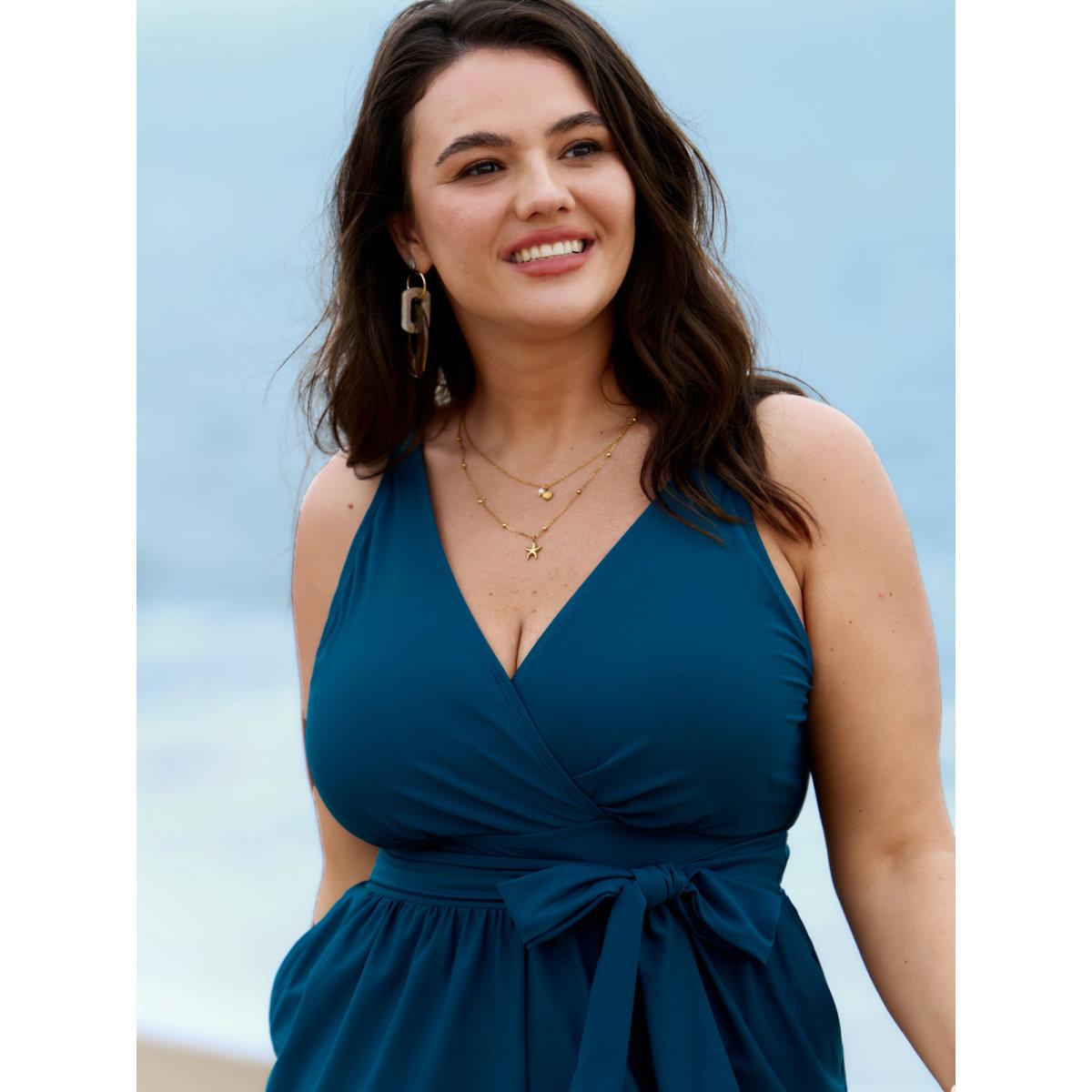 Plus Size Surplice Neckline Belted Plain One-Piece Swimsuit Women's Swimwear Indigo Resort Tie knot Curve Bathing Suits High stretch One Pieces BloomChic 22-24/3X Product Image