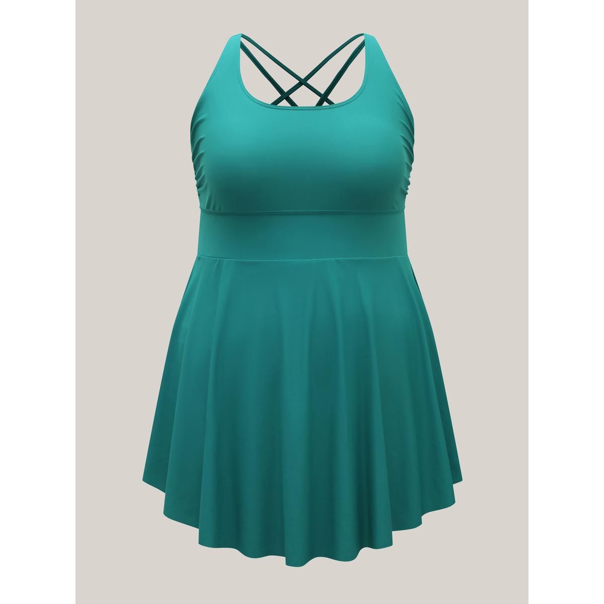 Plus Size Anti-Float Ties Crossstraps Backs Swim Dress Women's Swimwear Teal Beach Bodycon U-neck High stretch Curve Swim Dresses BloomChic 30/6X Product Image
