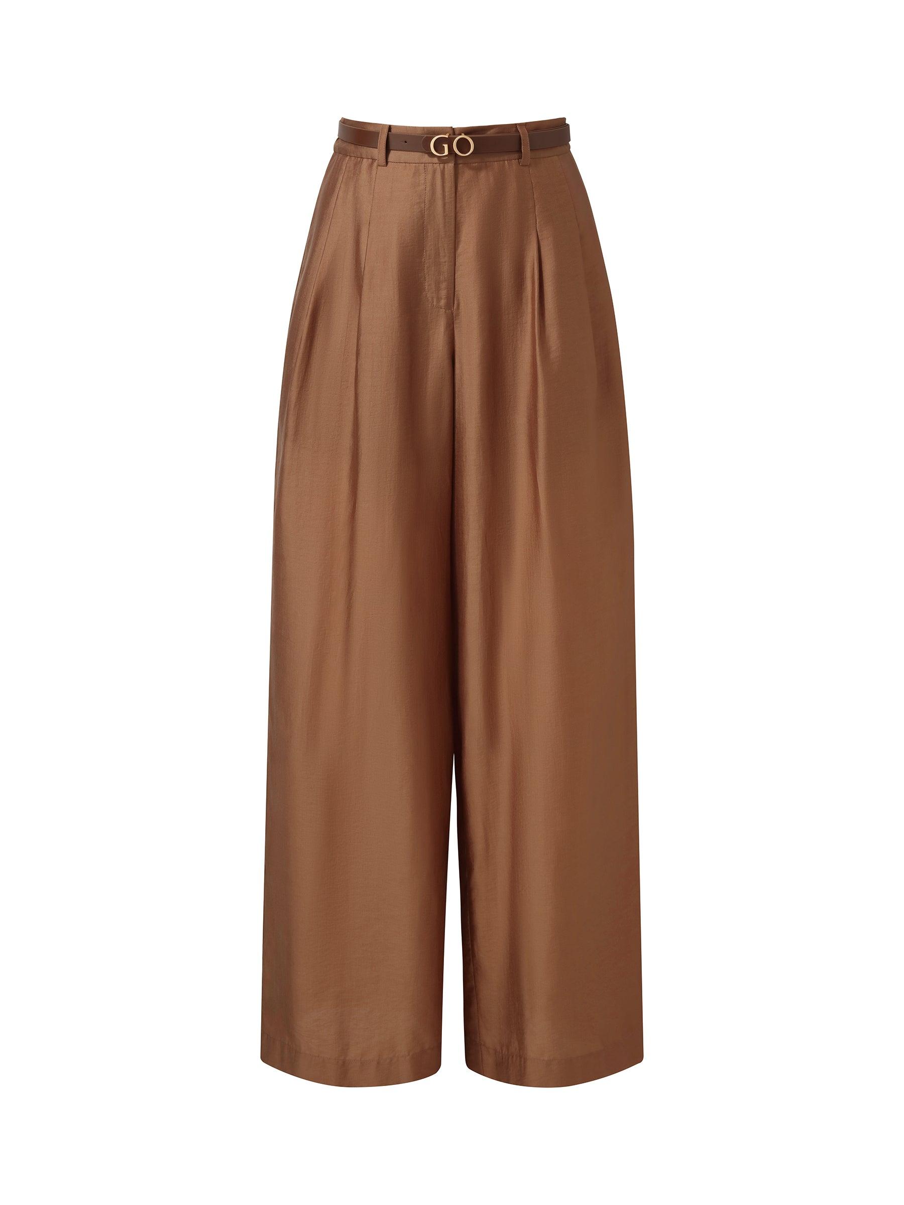 Tencel Blend Women Wide Leg Pants With GO Letter Leather Belt Product Image