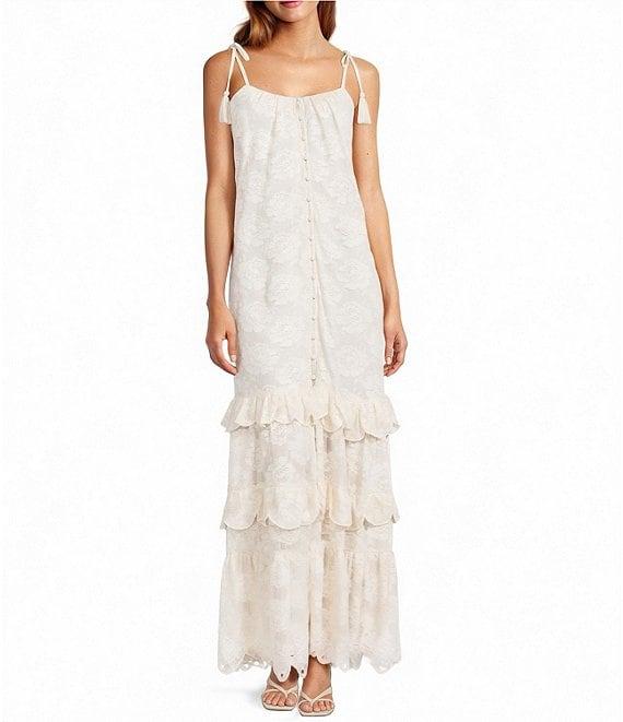 A Loves A Woven Embroidered Lace Sqaure Neck Spaghetti Tie Strap Button Front Tiered Flounce Maxi Dress Product Image