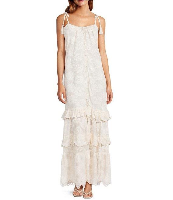 A Loves A Woven Embroidered Lace Sqaure Neck Spaghetti Tie Strap Button Front Tiered Flounce Maxi Dress Product Image