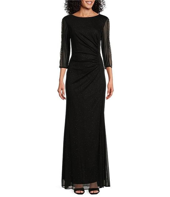 Ignite Evenings 3/4 Sleeve Boat Neck Glitter Dress Product Image