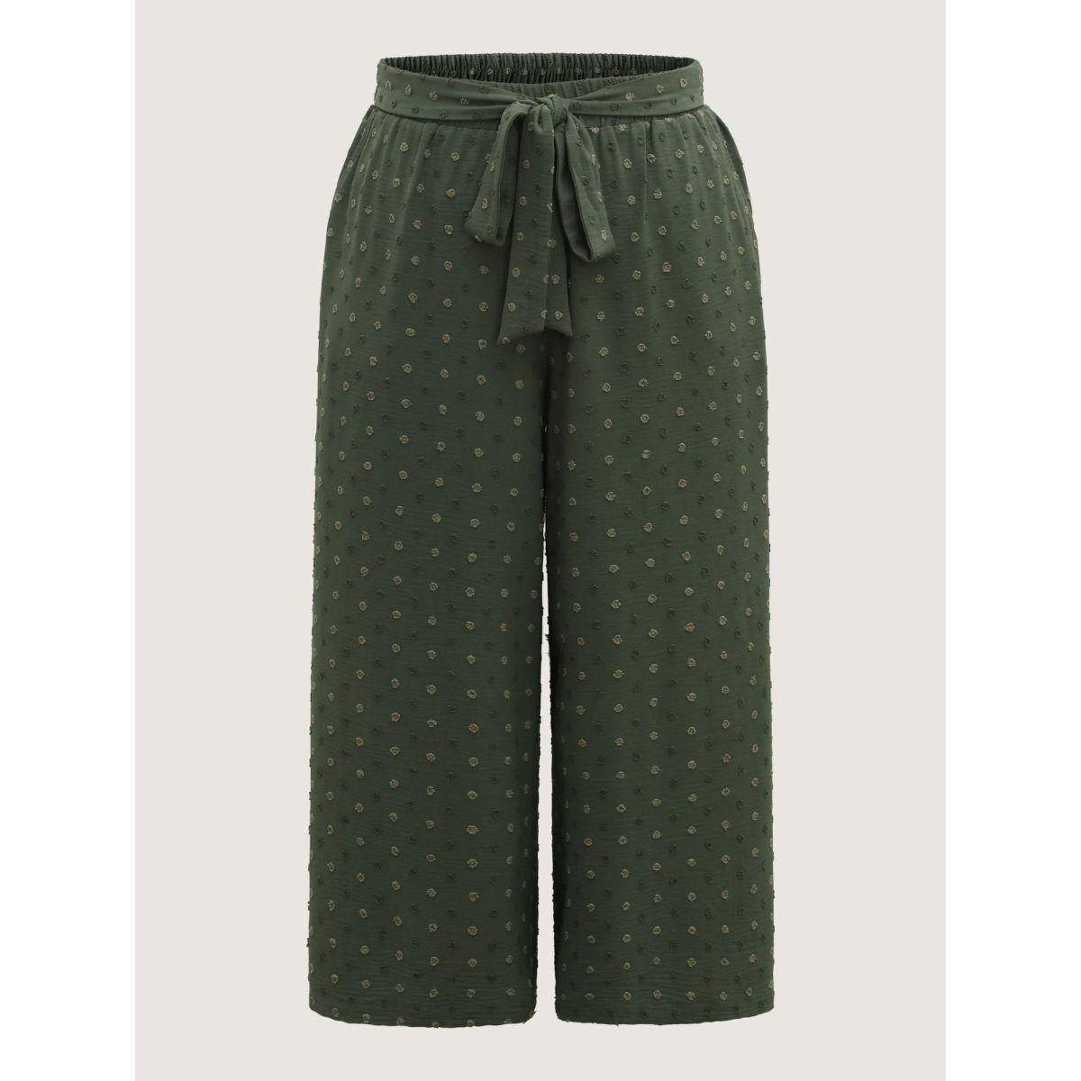 Plus Size Textured Dots Belted Slit Flowy Pants Women ArmyGreen Elegant Wide Leg Mid Rise Everyday-Elegant Pants BloomChic 14-16/1X Product Image