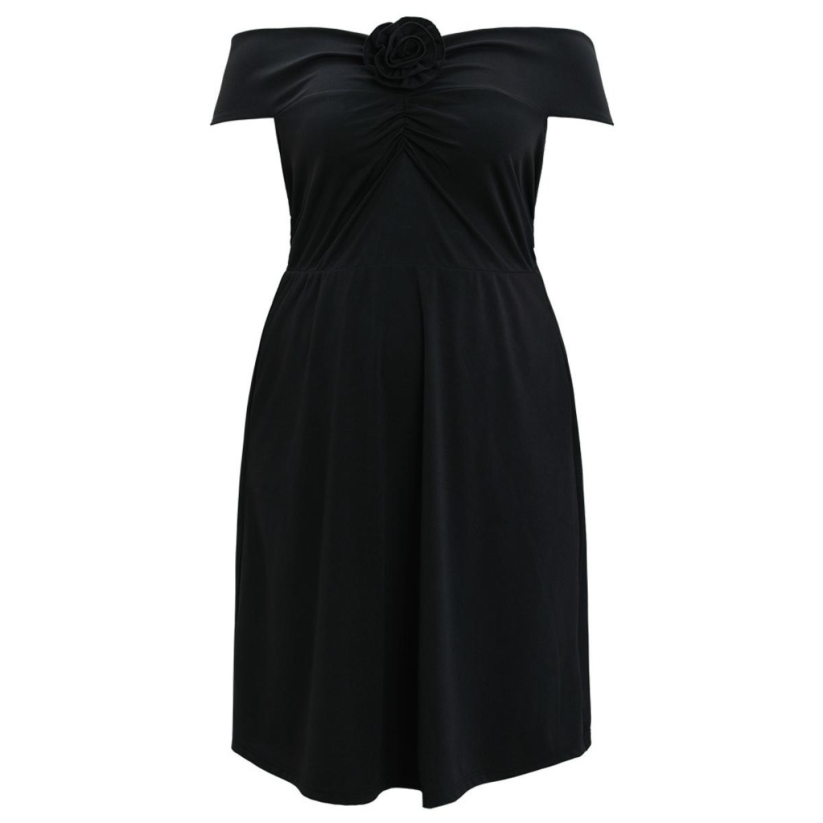 Plus Size Solid Pocket Floral Detail Ruched Off Shoulder Dress Black Women Glamour Gathered One-shoulder neck Sleeveless Curvy Midi Dress BloomChic 14-16/1X Product Image