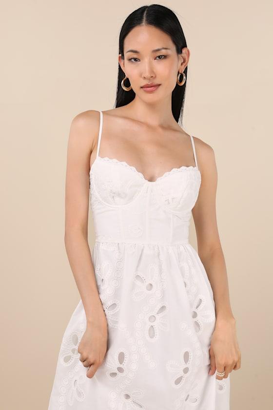 Jenora White Embroidered Bustier Midi Dress Product Image