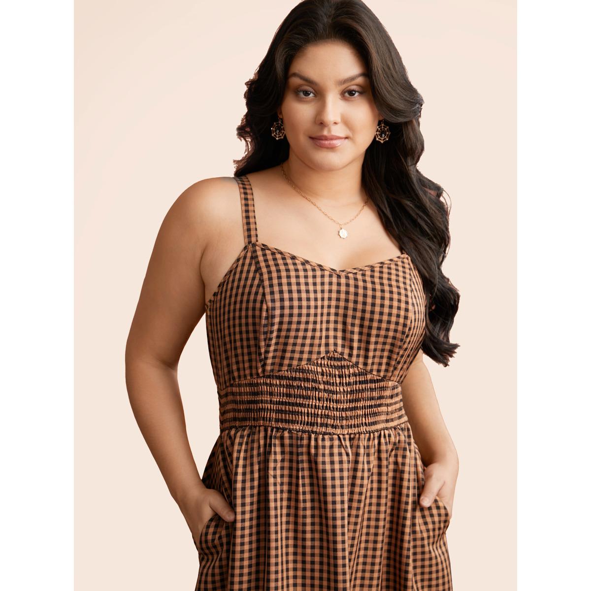 Plus Size Cami Pumpkin Color Grid Waist Midi Dress Brightorange Women Cocktail Shirred Party Curvy Bloomchic 18-20/2X Product Image