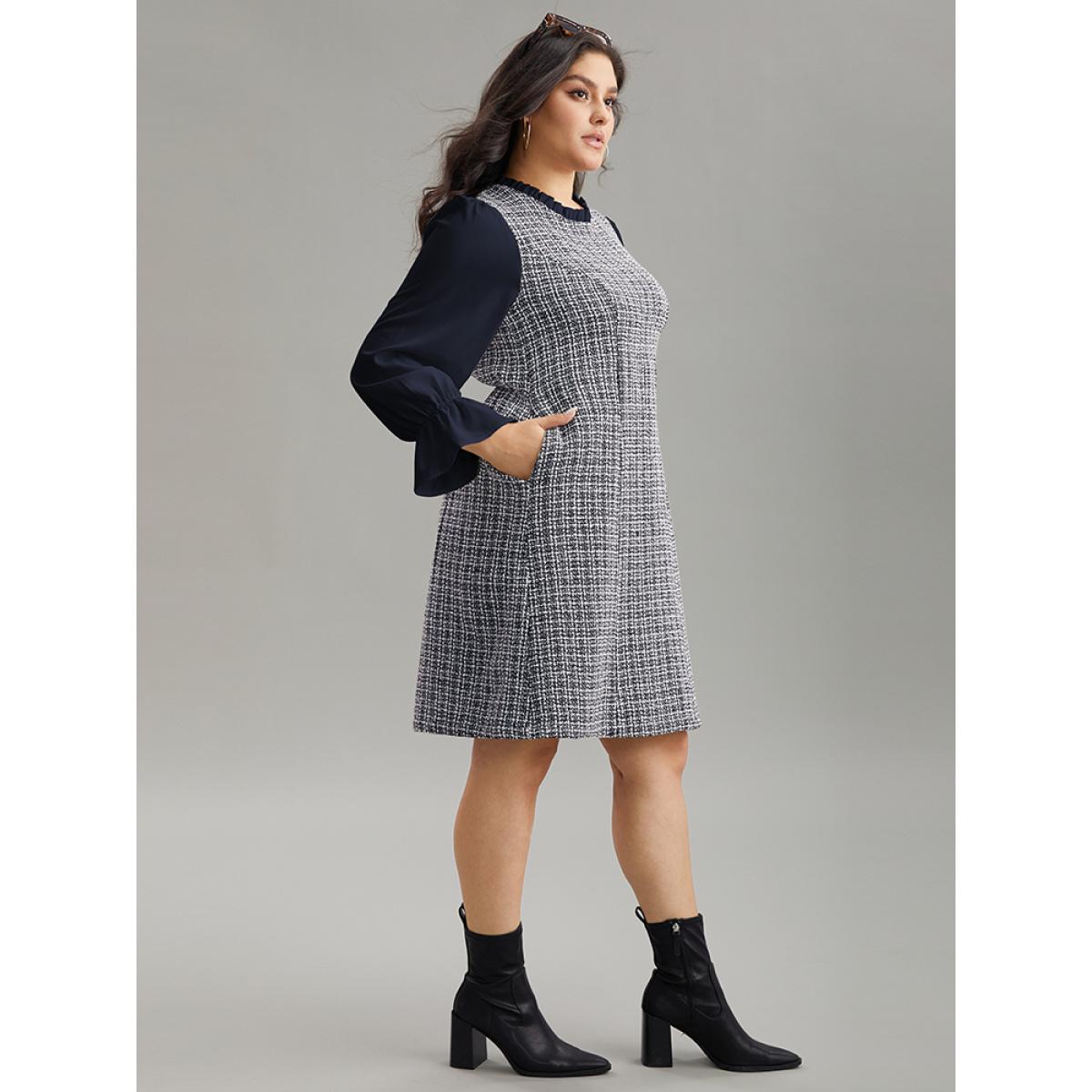 Plus Size Plaid Patchwork Ruffle Trim Knee Dress DarkBlue Women Office Texture Mock Neck Long Sleeve Curvy Knee Dress BloomChic 10/M Product Image